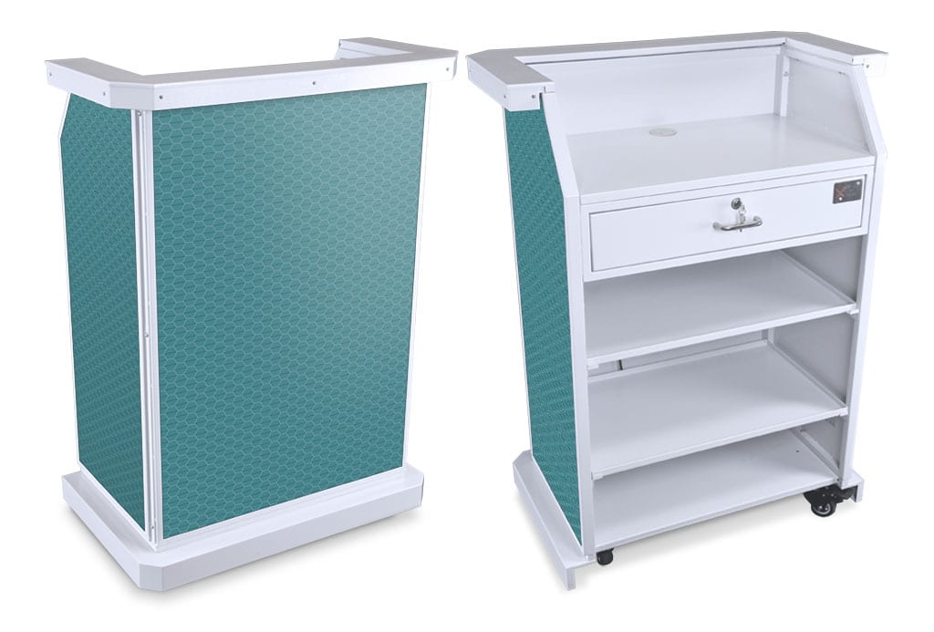 deluxe hostess stand white frame teal honeycomb white trim