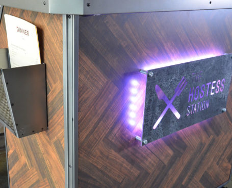 Rustic Team Hostess Station with Purple LED and SIgnage
