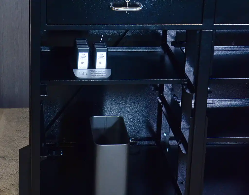 Team Hostess Stand | Tawney Marquetry Laminate | Printed Acrylic