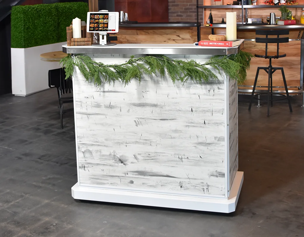 Team Hostess Stand | Lace Gesso Wood Laminate | Stainless Steel Trim